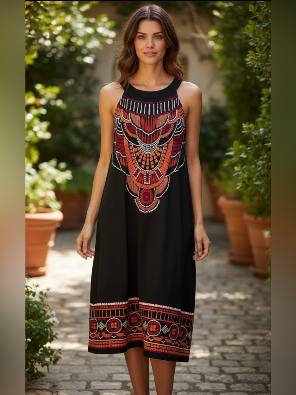 Apt 9 Womens XL Aztec Print Dress‎ Colorful Stretch Keyhole Embellished Office